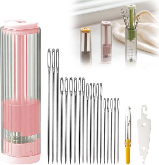 New Sewing Needle Case, Hand Sewing Needle Sewing Tool Set Threader Unthreader Tool, Upgrade Multi-Purpose Large-Eye Stitching Needle and Thread Kit for Leather (Pink)