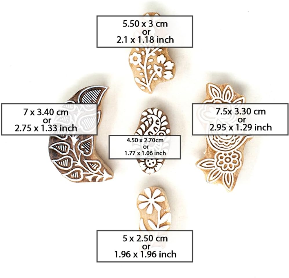 Wooden Printing Stamps - Wooden Block Stamps - Indian Textile Printing Blocks for Tattoo Clay Pottery Henna Card Making Pack of 5, Hashcart®