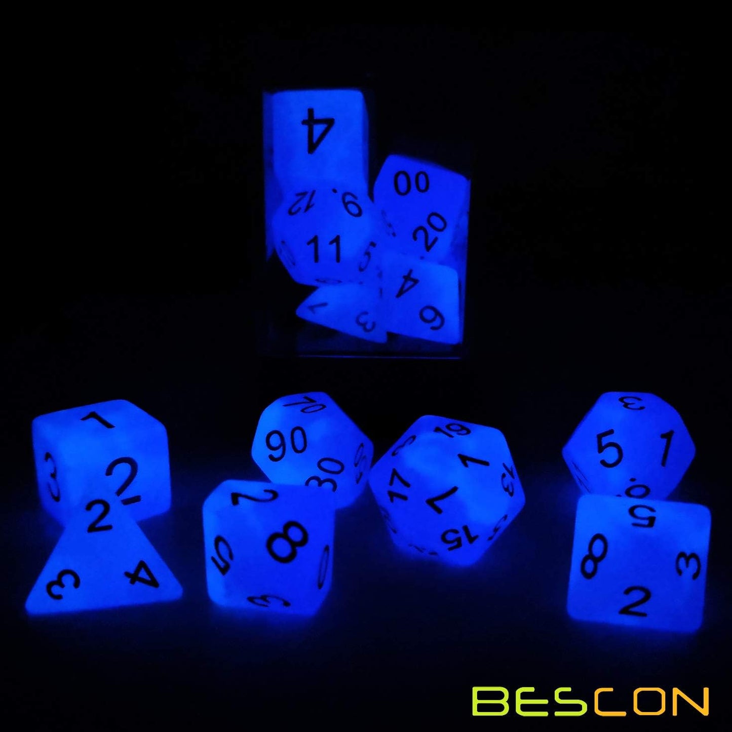 Bescon Two Tone Glowing Polyhedral Dice 7pcs Set Frosty Amethyst, Luminous RPG Dice Glow in Dark, DND Role Playing Game Dice