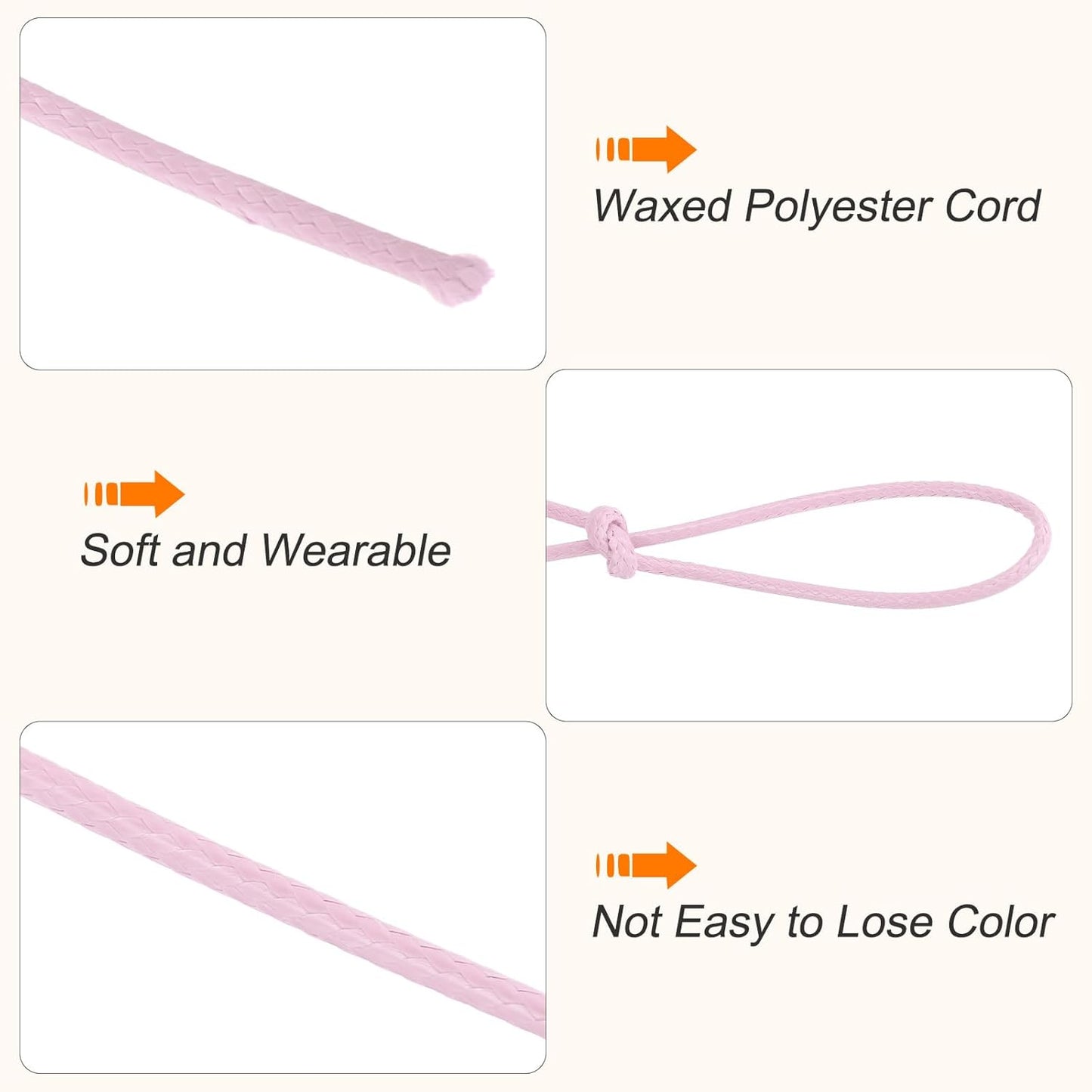 MECCANIXITY Waxed Cord 2mm Waxed Polyester Cord 98 Yard Wax String for Bracelet Making, Necklaces, Beading, Jewelry Making and DIY Crafts(Light Pink)