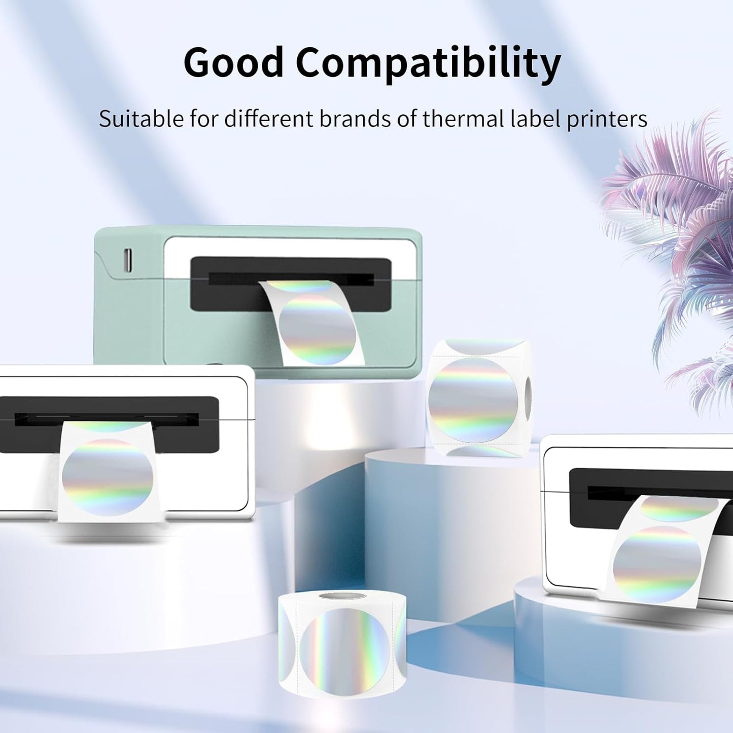 1.5" Holographic Direct Thermal Label Stickers, Round Printable Rainbow Glitter Thermal Printer Sticker Labels for Gift Wrapping, Self-Adhesive DIY Custom Logo Design- Silver