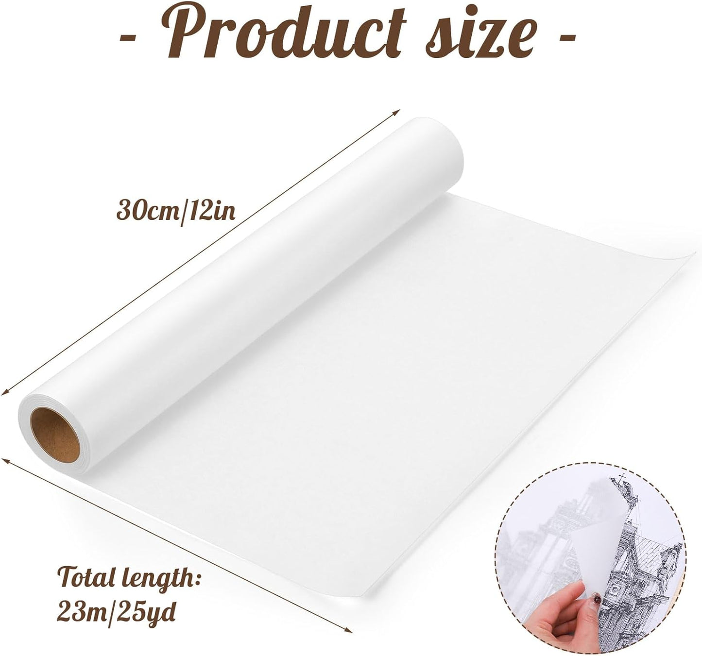 Tracing Paper Roll 12in x 25yd, White Trace Paper Pattern Paper Translucent Tracing Paper for Sewing, Drawing, Sketching, Gift Wrapping