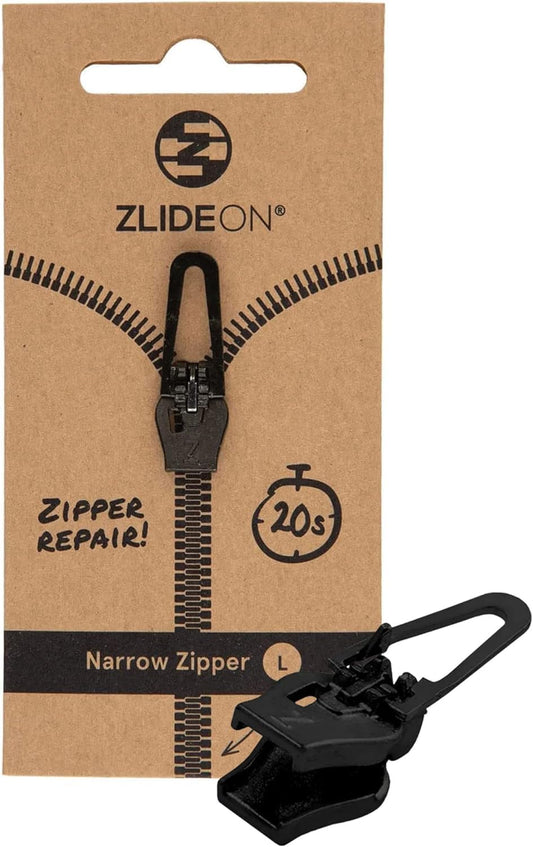 ZlideOn Zipper Pull Replacement - Black, Narrow (L) - Instant Zipper Replacement Slider