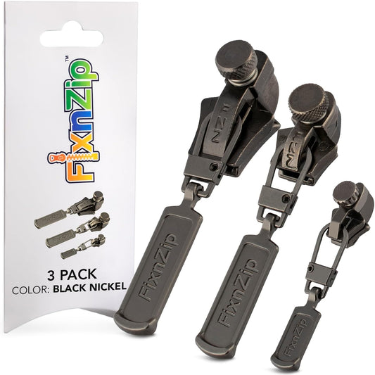 FixnZip (Black Nickel 3 Pack S,M,L) - Universal Zipper Repair Kit for Jackets, Luggage, Bags - Backpack Zipper Replacement Repair Kit