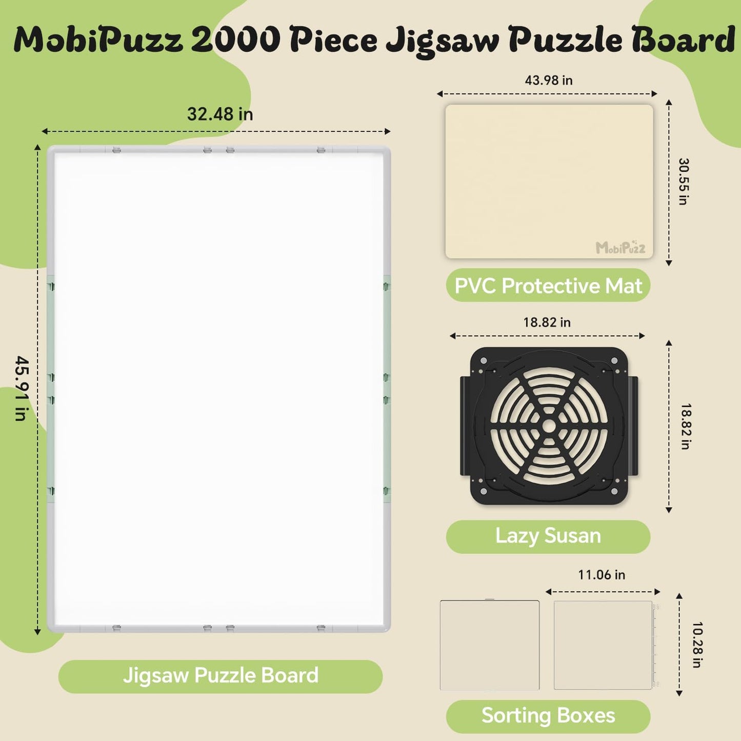 2000 Pieces Puzzle Board 3-in-1 Double-Sided & Rotating & Tilting, Plastic Puzzle Table with Sorting Boxes and PVC Cover, Portable Lazy Susan Jigsaw Puzzle Board for Adults, Gray Green