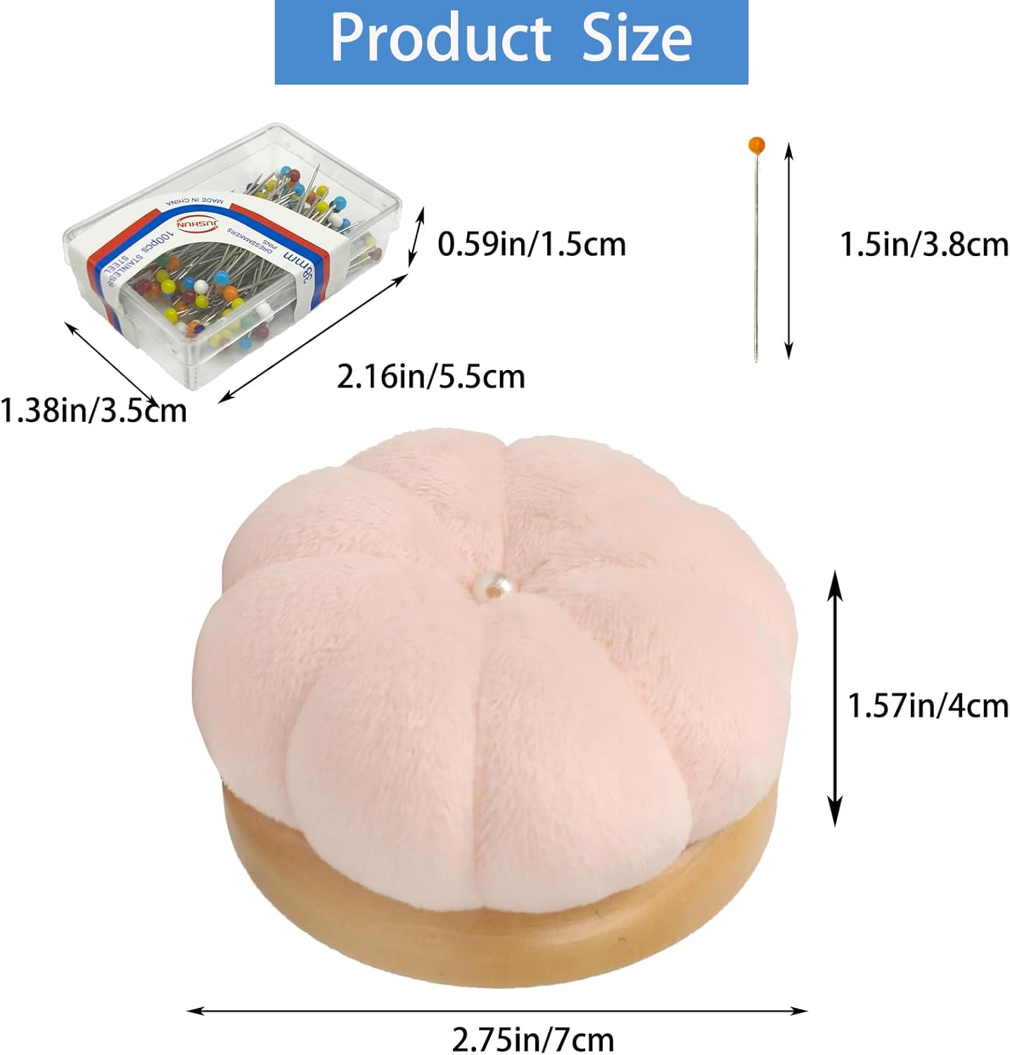 Hilltian Pin Cushion for Sewing, Wooden Base Sewing Pincushion with 100 Plastic Head Pins, Cute Pins Holder for Sewing Quilting (Light Pink)