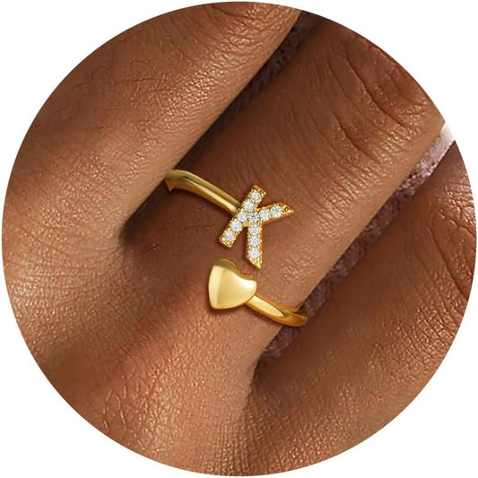 Gold Initial Rings for Women Girls, Dainty 14K Gold Plated Adjustable Initial Rings Cute Heart Zirconia Ring for Women Teen Girl Gifts