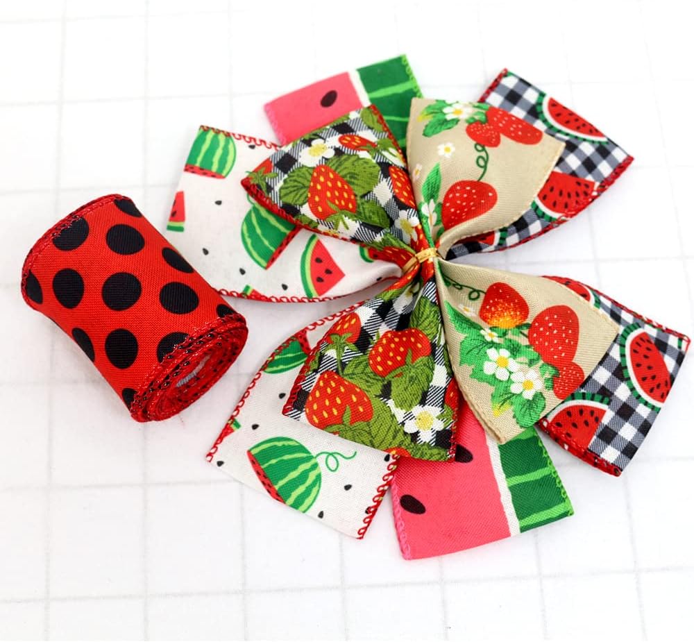 2.5" Watermelon and Strawberry Ribbon,Summer Craft Wire Edged Ribbon,Checks,Polka Dots,Watermelon Slices,Strawberries and Flowers Faux Linen Ribbons for Floral Arrangements, Packages and Home Decor.