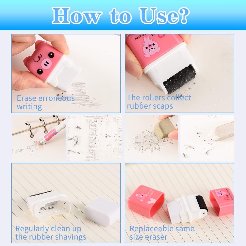 Sooez 12 Pack Pencil Erasers, Cute Erasers Pencil Eraser with Clean up Roller Pencil Eraser Shaving Roller Case Erasers for Party Favors Gift Supplies