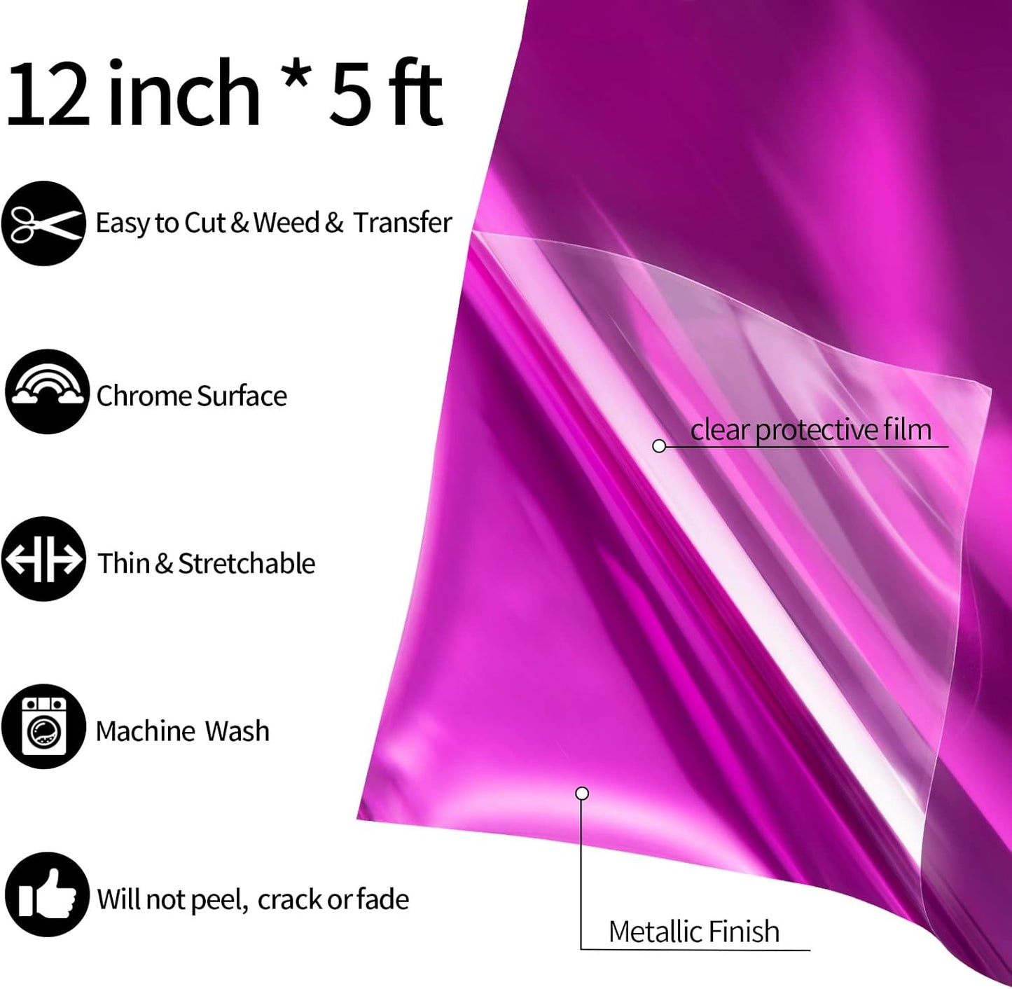 VINYL FROG Metallic Foil HTV Vinyl Roll 12" x5ft Fushcia Chrome Heat Transfer Vinyl Iron on Vinyl Easy to Cut & Weed DIY Heat Press Design for T-Shirts