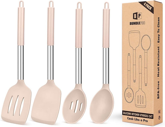 Pack of 4 Silicone Cooking Utensils Set, Non Stick Large Solid Spatulas, Heat Resistant Stainless Steel Khaki Slotted Spoons, Ideal BPA Free Kitchen Turners for Frying, Mixing,Serving,Draining,Turning