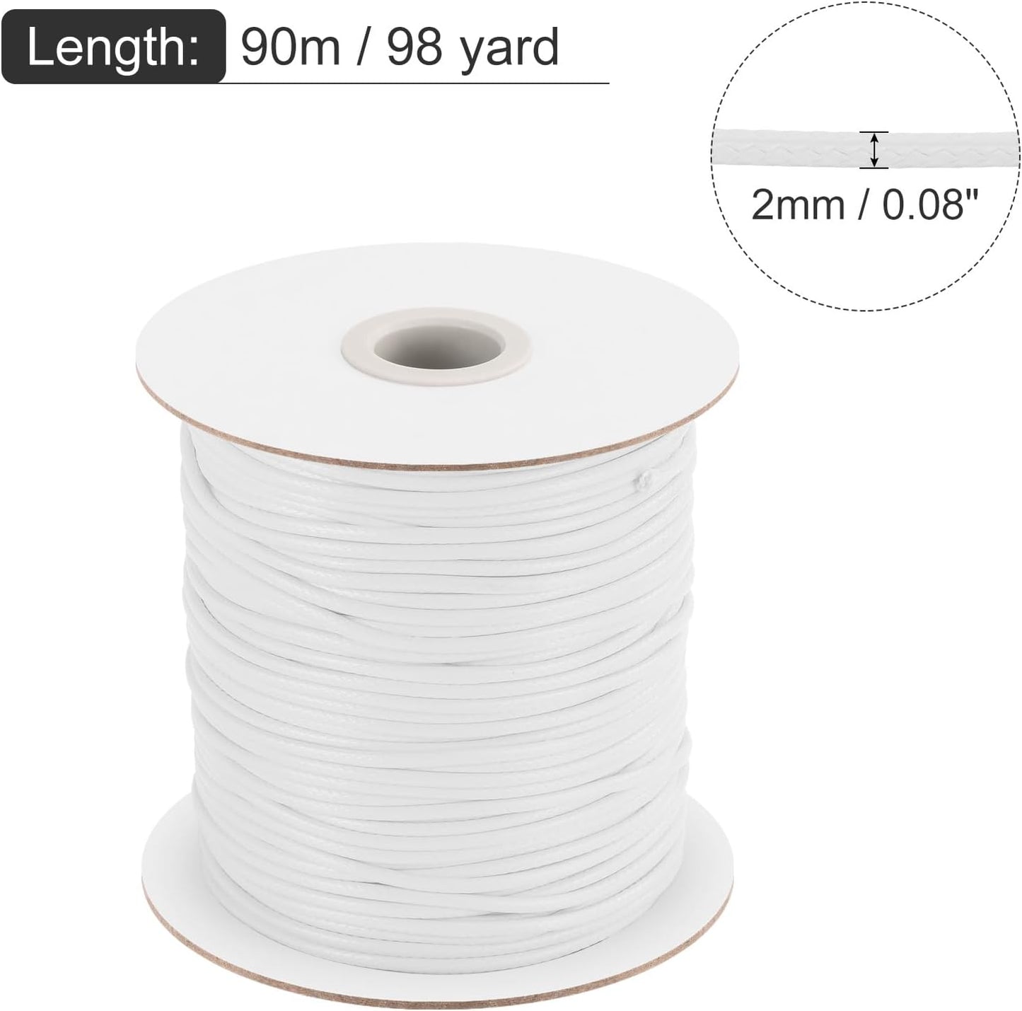 MECCANIXITY Waxed Cord 2mm Waxed Polyester Cord 98 Yard Wax String for Bracelet Making, Necklaces, Beading, Jewelry Making and DIY Crafts(White)