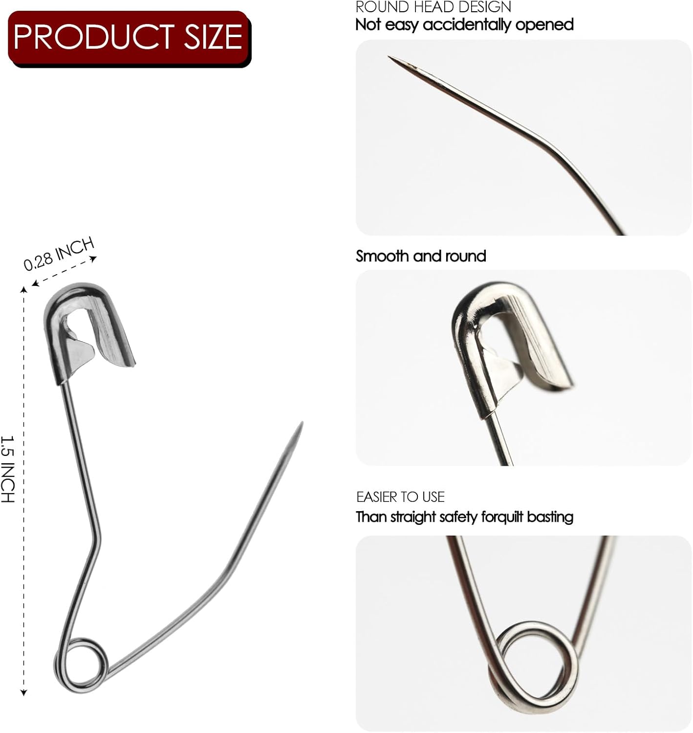 100 Pack Curved Safety Pins for Quilting Basting Pins 38mm/1.5inch Quilting Safety Pins Stainless Steel Quilting Pins