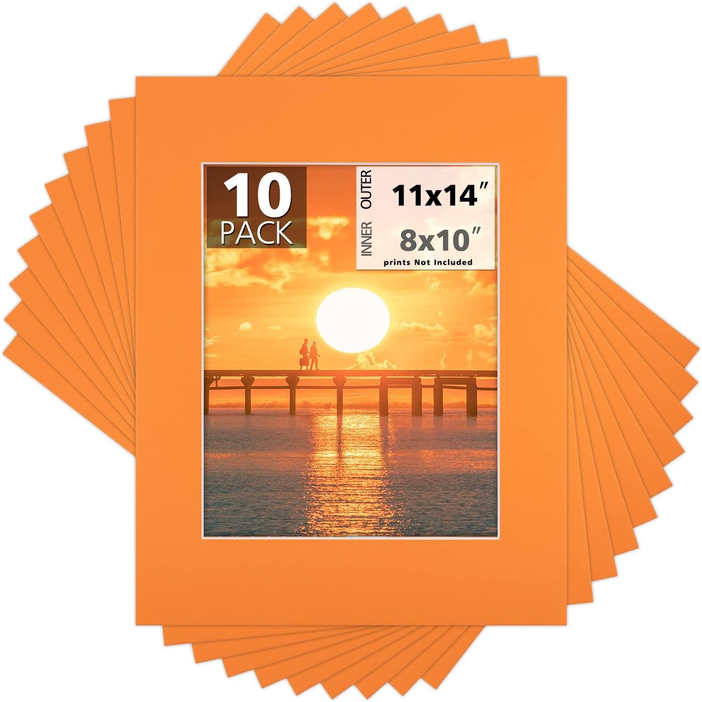 Mat Board Center, Pack of 10, 11x14 for 8x10 Orange Color Mats - Bevel Cut, Acid Free, 4-ply Thickness, White Core - for Pictures, Photos, Framing