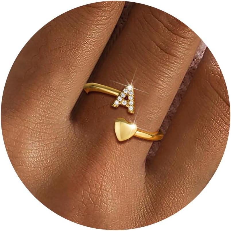 Gold Initial Rings for Women Girls, Dainty 14K Gold Plated Adjustable Initial Rings Cute Heart Zirconia Ring for Women Teen Girl Gifts