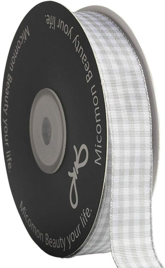 Gingham Ribbon - Gray and White, 25 Yards Each Roll, 100% Polyester (5/8")