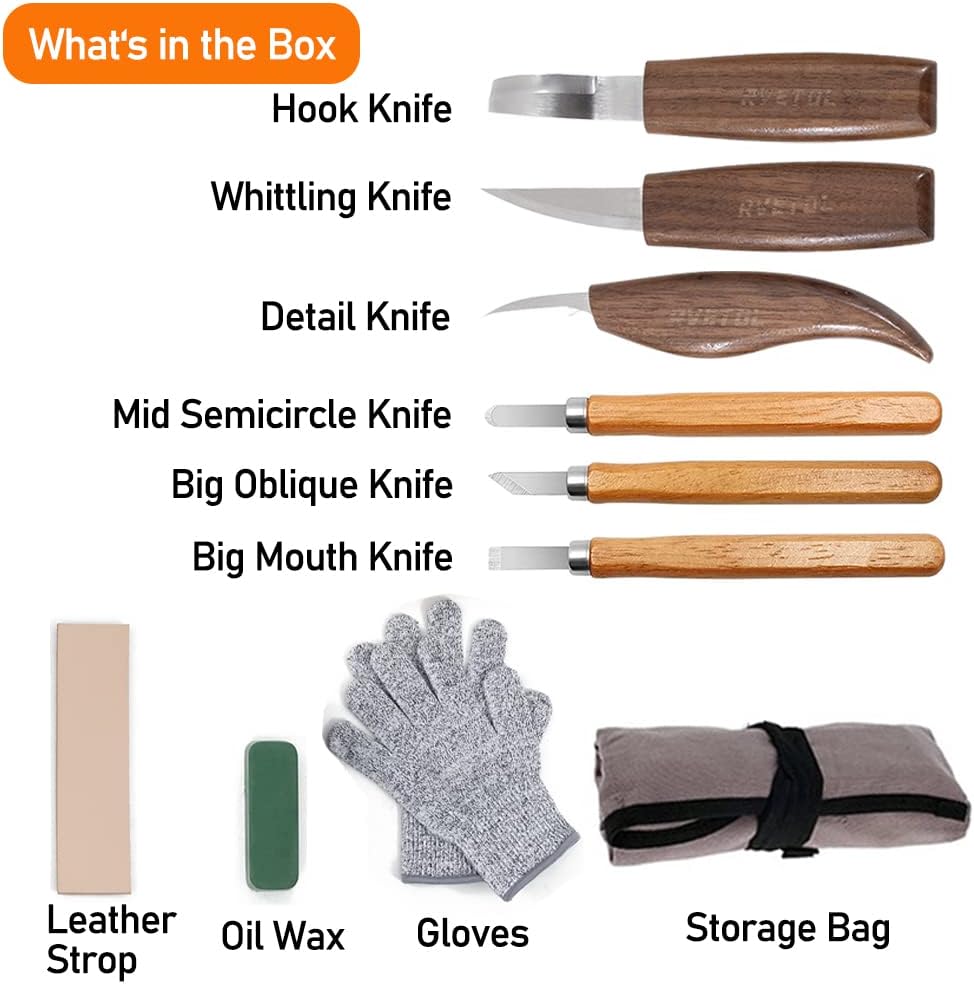 10Pcs Wood Carving Kit, Beginner Set With Resistant Gloves, Spoon & Whittling Knife, Sandpaper for Woodworking