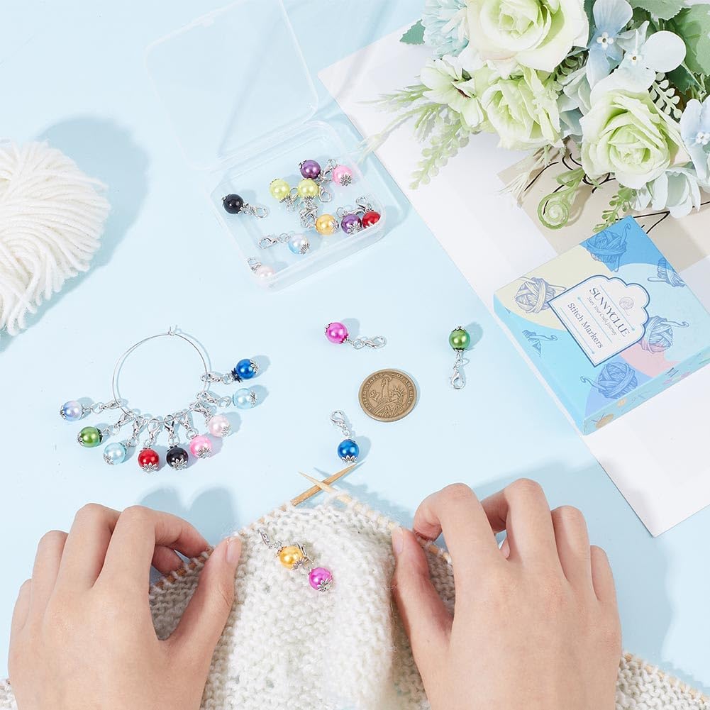SUNNYCLUE 1 Box 24Pcs Crochet Stitch Markers Knitting Markers Pearl Knitting Markers Charms Metal Pearl Leverback Knitting Charms for Knitting Weaving Sewing Needleworks Women Adults DIY Crafts