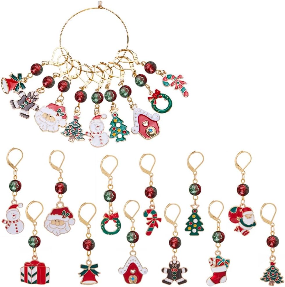 SUNNYCLUE 1 Box 24Pcs 12 Style Christmas Crochet Stitch Markers Stitch Marker Small Enamel Crochet Knitting Charms for Knitting Weaving Sewing Needleworks DIY Craft Supplies