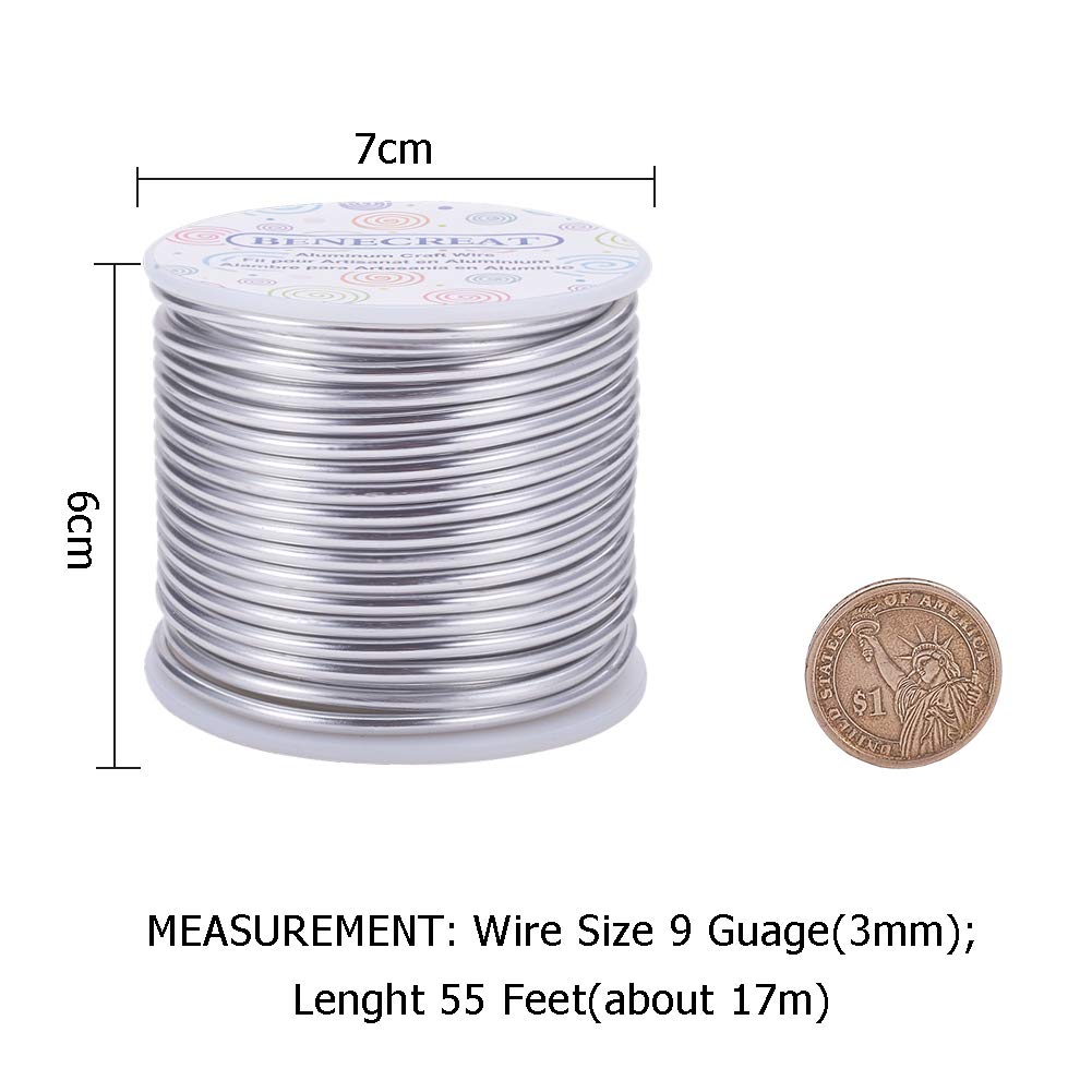 BENECREAT 9 Gauge Jewelry Craft Aluminum Wire 55 Feet Bendable Metal Sculpting Wire for Craft Floral Model Skeleton Making, Plant Gardening, Silver