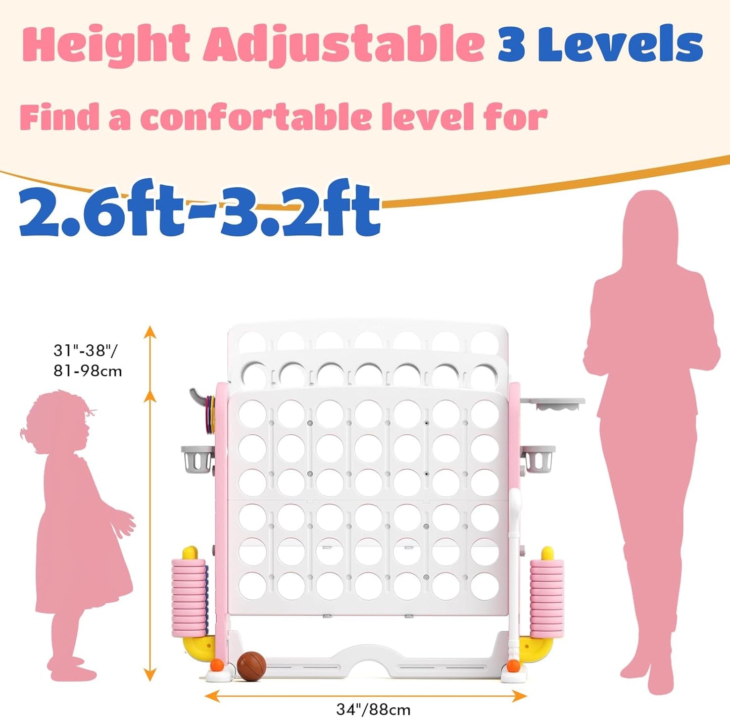 Giant 4 in-A-Row Connect Game Set, Adjustable Height Jumbo Yard Game with Basketball Hoop, Golf, Mesh Pocket & Ring Toss, Indoor Outdoor Family Backyard Party Game for Kids and Adults, Pink-White