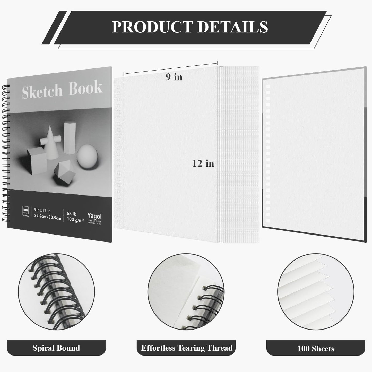 Yagol Sketch Book 9x12 Inch 100 Sheets 68LB/100GSM, Sketch Pad with Spiral-Bound Art Paper for Drawing and Painting for Pencils, Charcoal, Dry Media