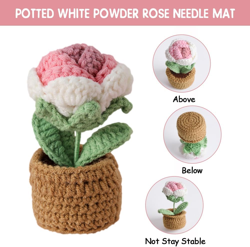 Rose Pin Cushion, Handmade Knitted Pincushions, Cute Pin Cushions Needle Holders for Sewing Quilting Accessory, DIY Crafts or Patchwork Decor.Potted White Pink Rose