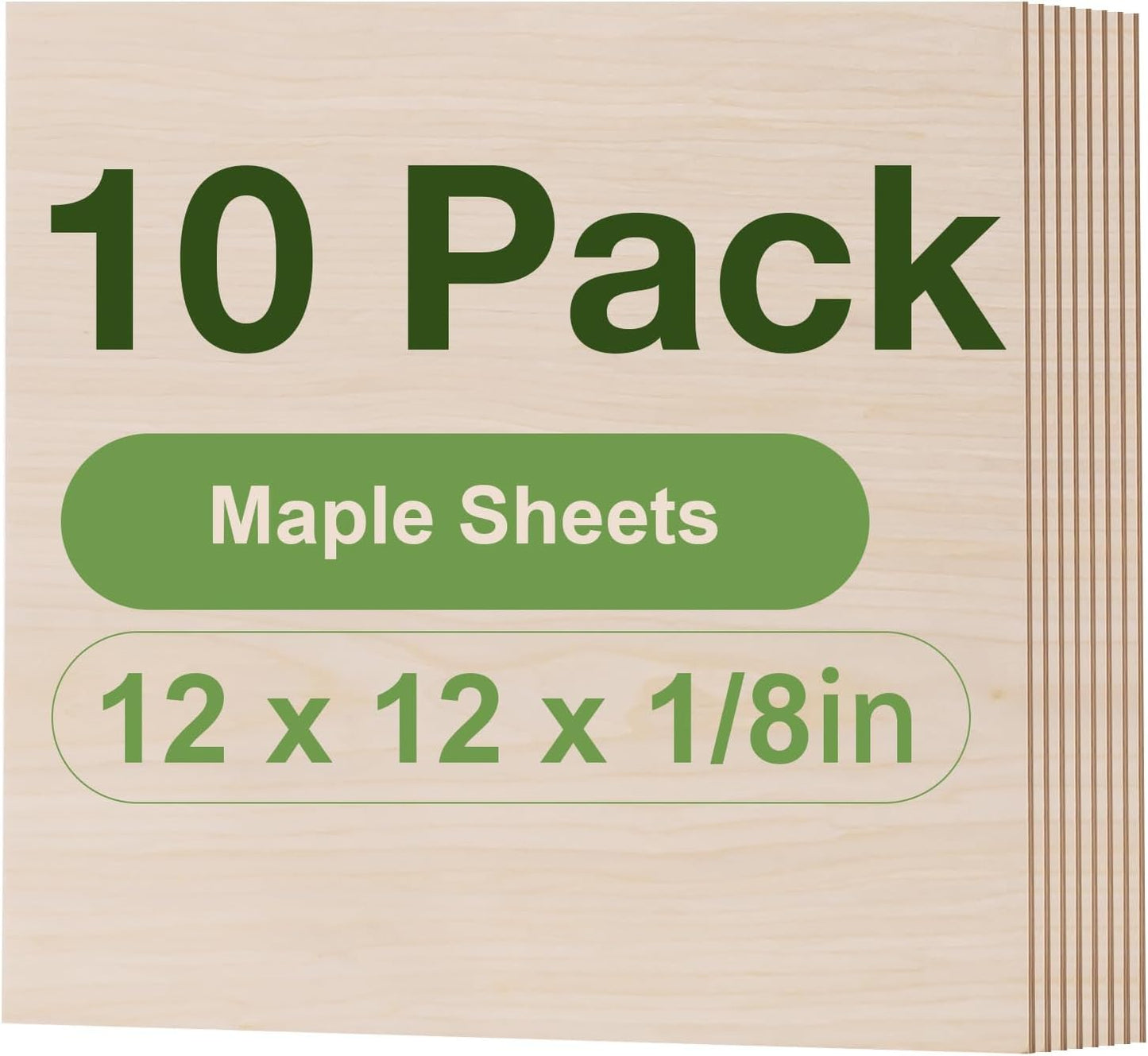 10 Pack Maple Plywood Sheets, 12 x 12 x 1/8 Inch, 3mm Plywood for Laser Cutting, Thin Unfinished Wood Sheets for Architectural Models, Wood Burning and DIY Wood Crafts