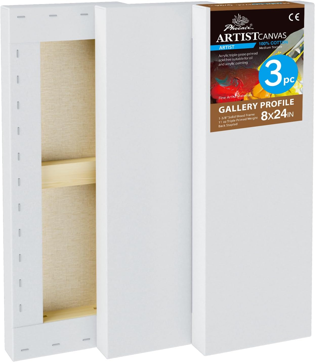 PHOENIX 8x24 Inch 3 Pack Gallery Canvas -1.5 in Thick Long Skinny Canvases for Painting - Deep Edge 100% Cotton 11 Oz. Gesso Primed White Blank Professional Canvas Oil & Acrylic Paints