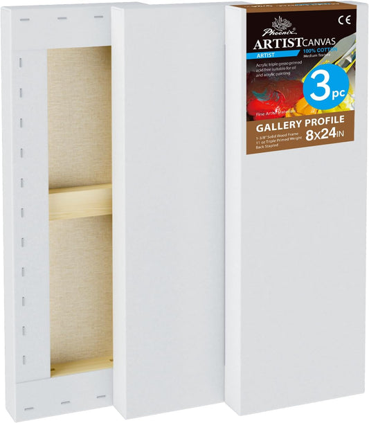 PHOENIX 8x24 Inch 3 Pack Gallery Canvas -1.5 in Thick Long Skinny Canvases for Painting - Deep Edge 100% Cotton 11 Oz. Gesso Primed White Blank Professional Canvas Oil & Acrylic Paints