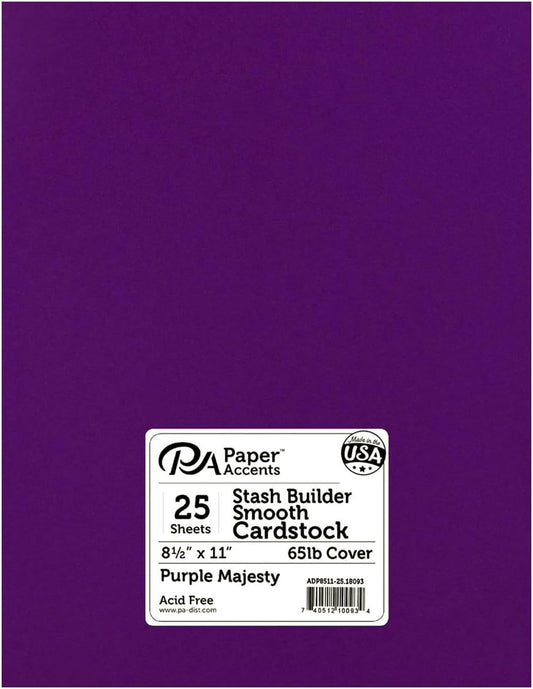 PA Paper Accents Stash Builder Cardstock 8.5" x 11" Purple Majesty, 65lb colored cardstock paper for card making, scrapbooking, printing, quilling and crafts, 25 piece pack