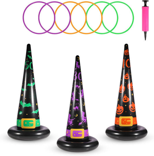 Halloween Ring Toss Game Set, 5Pcs Inflatable Witch Hats with 10Pcs Colorful Plastic Rings and Air Pump for Halloween Party Games Super Fun Indoor Outdoor Party Supplies