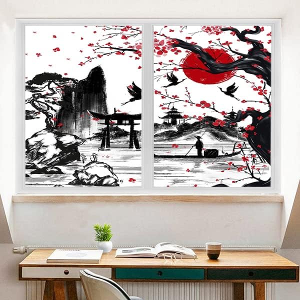 Vintage Japanese Style Decorative Window Film Abstract Ink Japanese Landscape Torii Gatekids Blackout Window Film,Cafe Lighted Window Film 35.4Wx78.7L-Inch X2Pcs