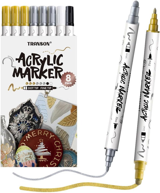 TRANSON 3 Gold, 3 Silver, 1 Black and 1 White Paint Markers Bold and Fine Dual-tip Acrylic Paint Marker Set for Rock Painting Glass Canvas Wood Leather Ceramic Painting