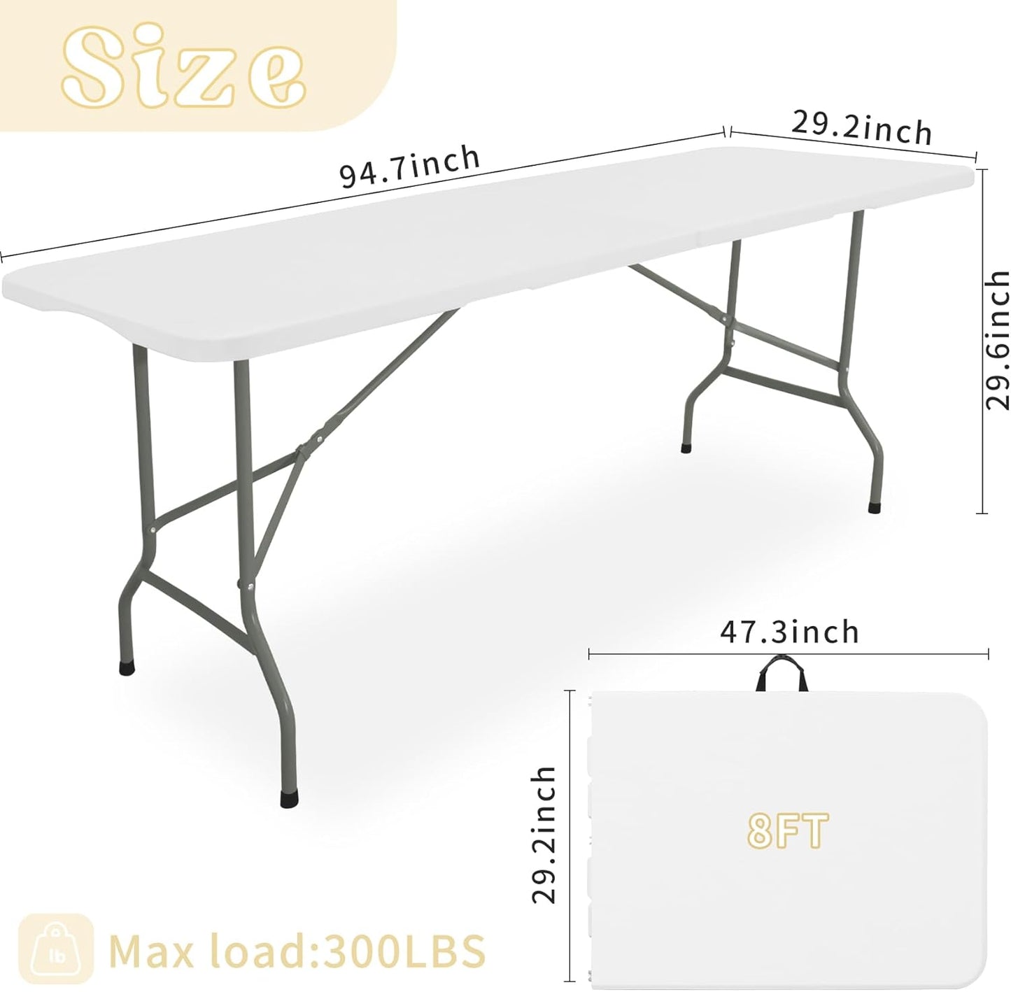 HAISIWLKJ Folding Table 8 FT Camping Table Portable Heavy Duty Plastic Rectangular Outdoor Dining Table Steel Legs Fold-in-Half with Carrying Handle for Indoor,Picnic,Party,Wedding,Events(White)