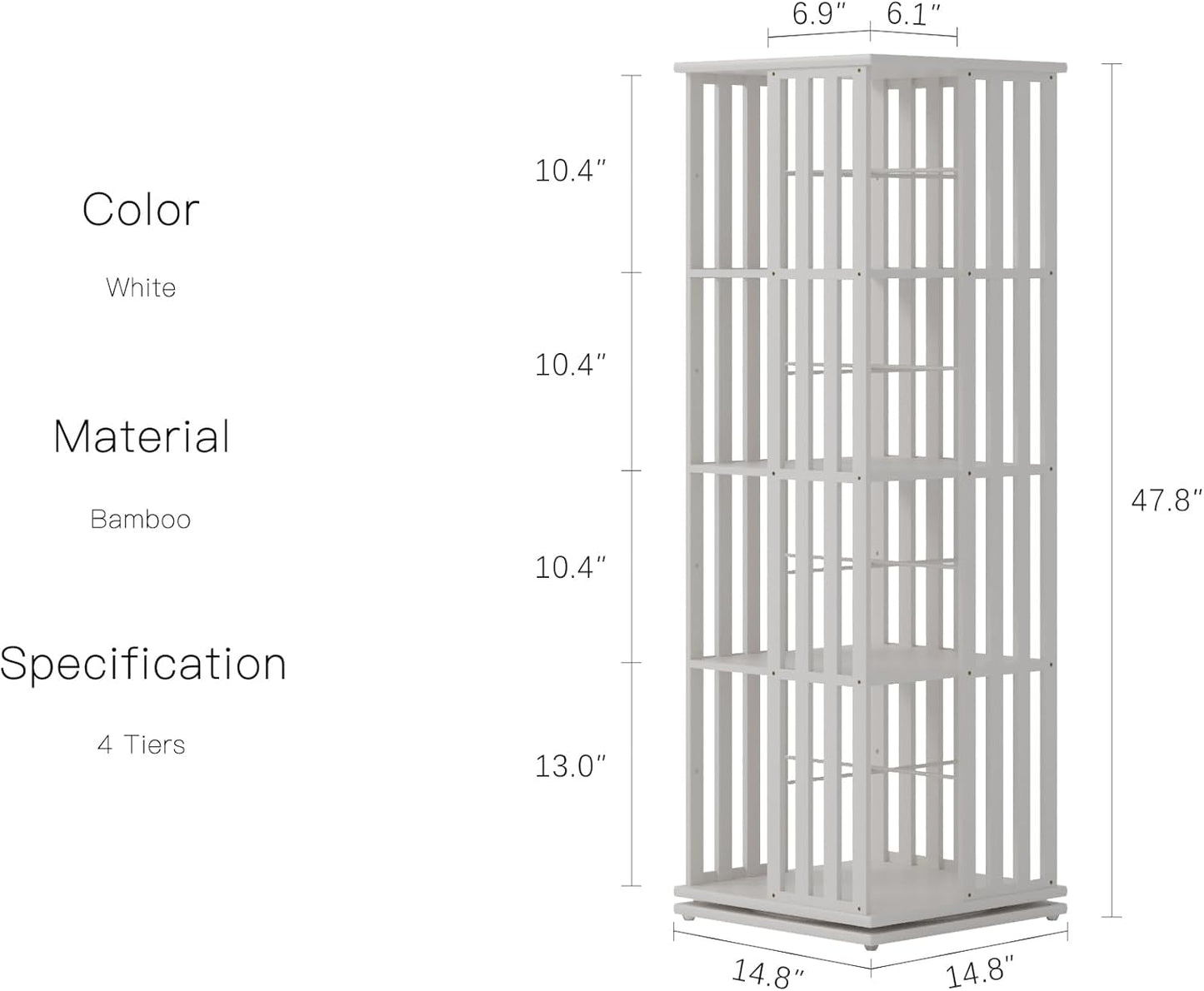 YOWOS Rotating Bookshelf Tower, 360 Display Spinning Bookcase, Bamboo Bookshelf Floor Standing Storage Rack, Wood Narrow Book Shelf Organizer for Kids&Adults (White, 4 Tier)