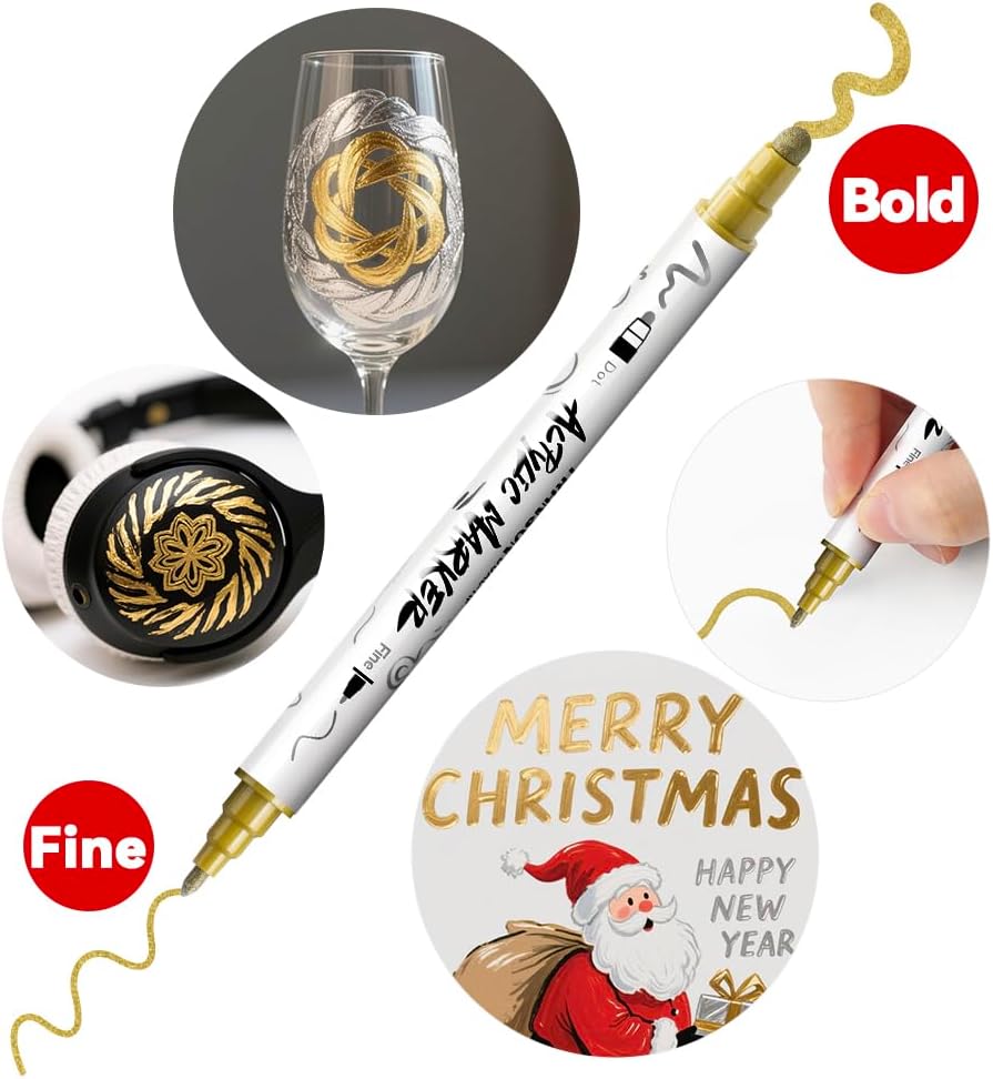 TRANSON 4 Silver and 4 Gold Paint Markers Bold and Fine Dual-tip Acrylic Paint Marker Set for Rock Painting Glass Canvas Wood Leather Ceramic Painting