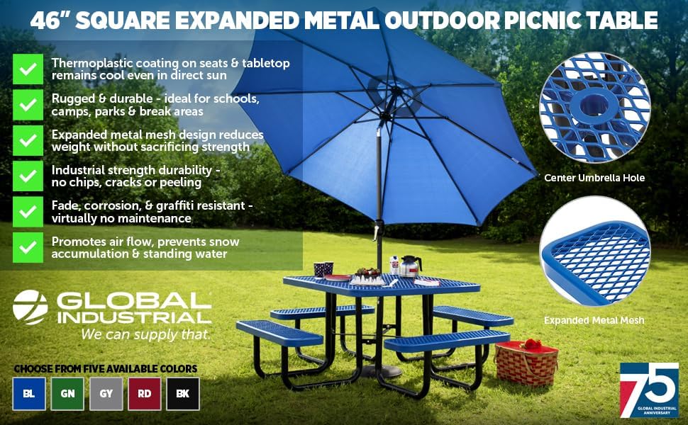 Global Industrial 46" Square Picnic Table, Expanded Metal, Blue Thermoplastic Coating, Attached Benches, 1-1/2” Umbrella Pole Hole, Outdoor-Rated, 1000 lb Capacity