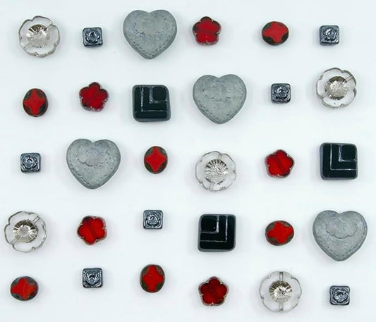 65+ pcs (2.1oz=60g) of Focal Glass Bead Mix with Table-Cut Hawaii Flower and Heart with Rose Beads, PG Gray Red