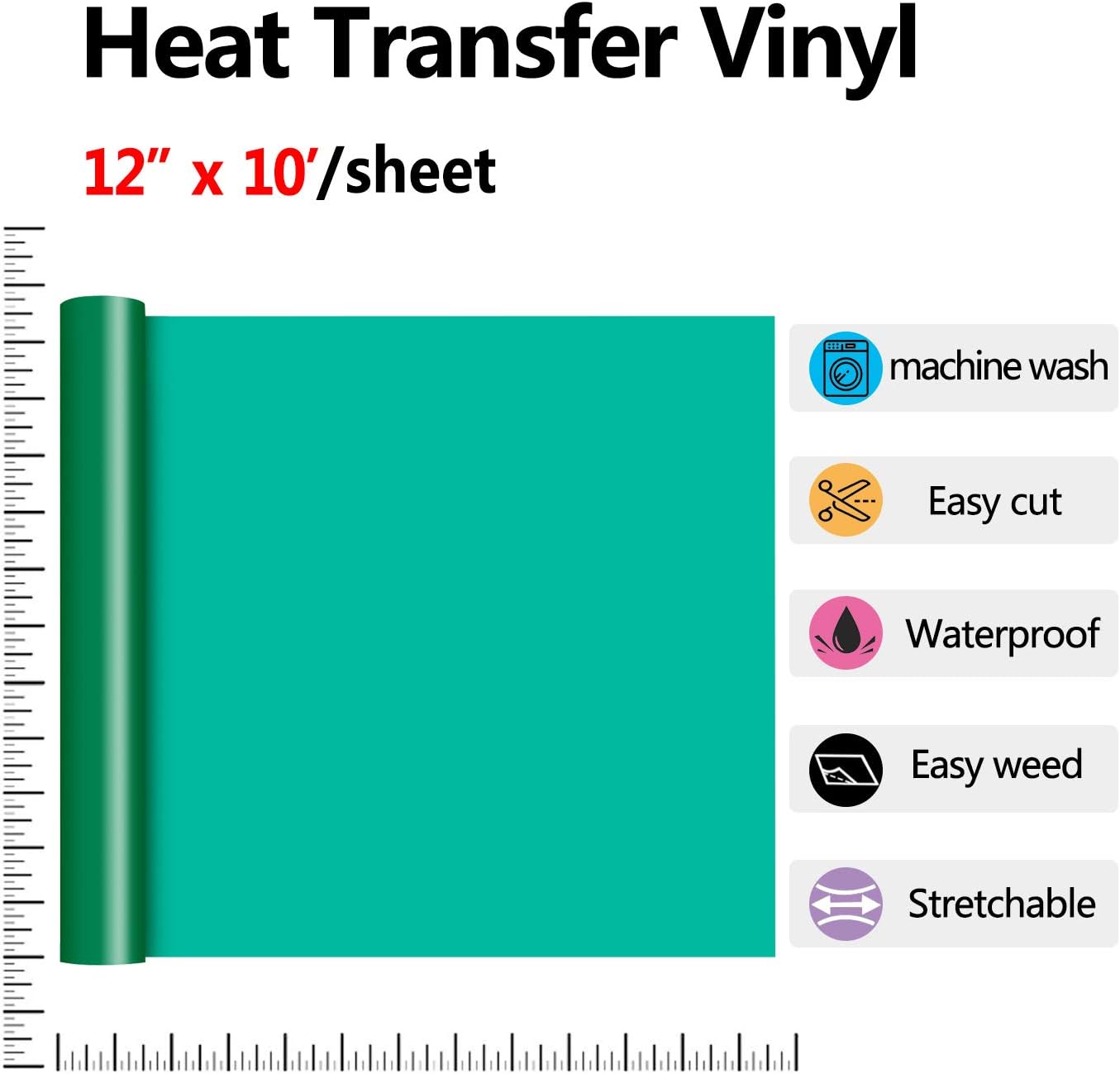 RENLITONG Green HTV Iron on Vinyl 12Inch by 10ft Roll Heat Transfer Vinyl for T-Shirt HTV Rolls for All Cutter Machine - Easy to Cut & Weed for Heat Transfer Design