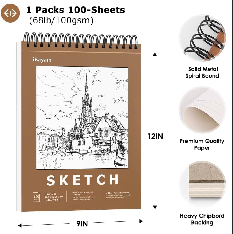 iBayam 9x12 Sketchbook, Spiral Bound Sketch Book for Kids, Teens Adults Artists Beginners, Drawing Supplies Art Supplies,100 Sheets (68lb/100gsm) Premium Drawing Pad for Sketching Writing Painting