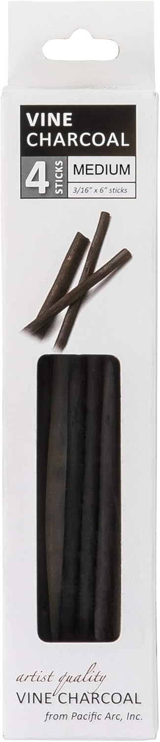 Pacific Arc Artist Vine Charcoal, Medium, Black 4 Charcoal Sticks for Drawing, Sketching, and Fine Art