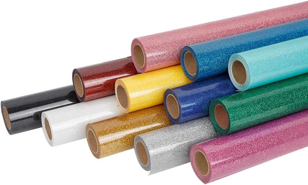 FUNKAKA Glitter Heat Transfer HTV Vinyl Bundle, 12 Rolls 12" x 5ft Iron On Vinyl for T-Shirt 12 Assorted Colors Glitter HTV Vinyl for All Cutter Machines Easy to Cut