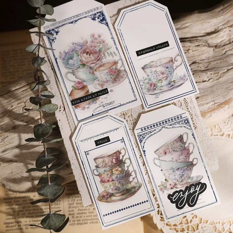 Vintage Vellum Stickers Floral Plants Elements Scrapbooking Supplies Flowers Botanic Natural Translucent Paper Self-Adhesive Junk-Journal Items (Tea Cup)