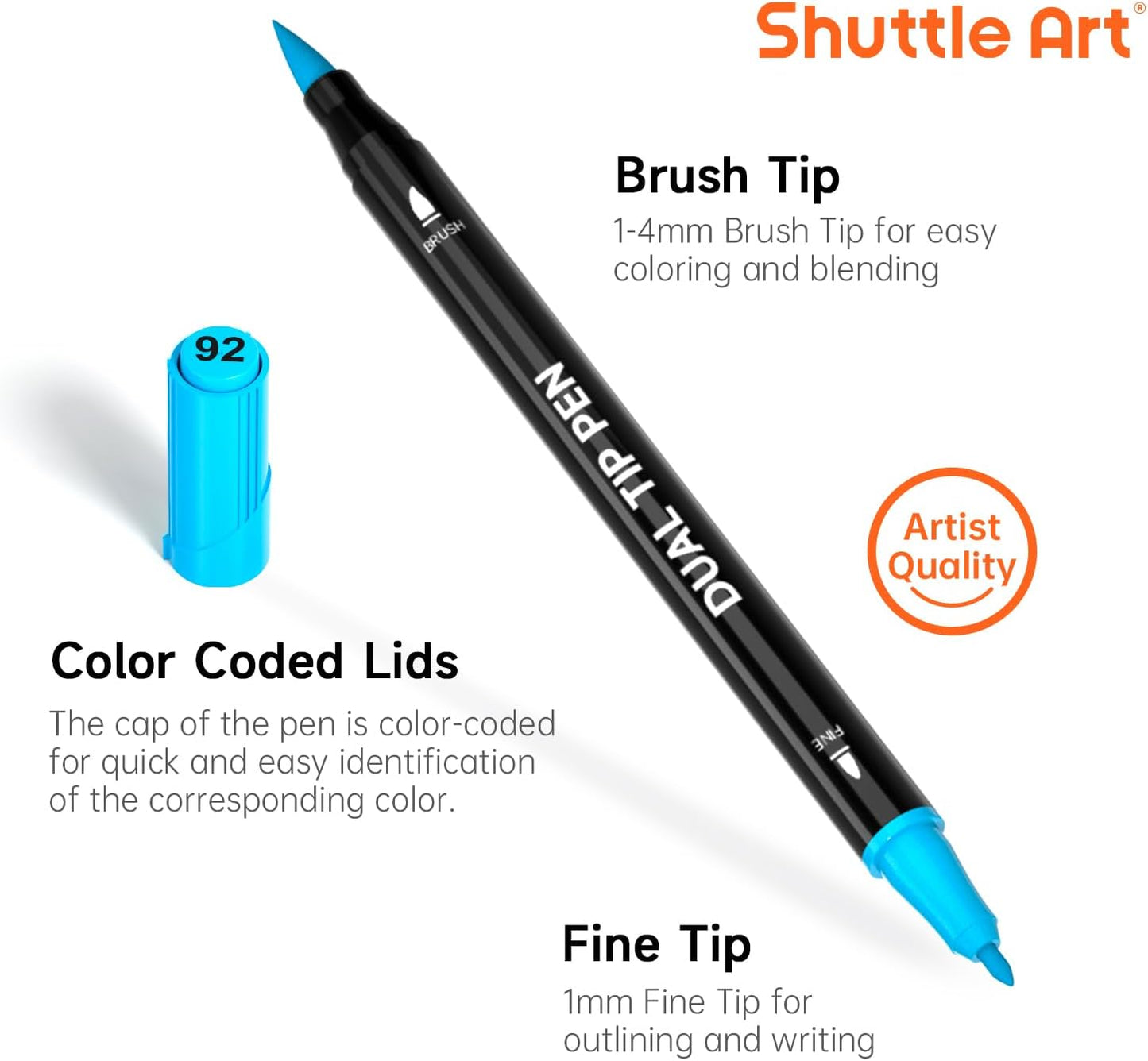 Shuttle Art Dual Tip Brush Marker Pens, 25 Colors Water-based Ink, Fine and Brush Tip Marker Set with 1 Coloring Book for Kids Adult Artist Calligraphy Hand Lettering Journal Doodling Writing