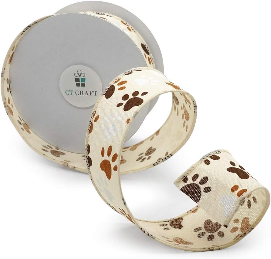 CT CRAFT LLC Ivory Canvas Dog Paw Wired Ribbon 1.5 Inch x 10 Yards for Christmas Home Decor Tree Topper Bow Gift Wrapping DIY Crafts Wreath Garland