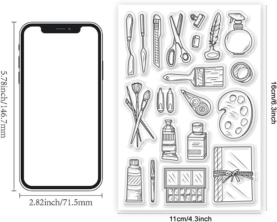 Painting Tools Clear Stamp for Scrapbooking Paint Brush Silicone Clear Stamp Pen Spatula Palette Rubber Transparent Seal Stamps for DIY Handbook Card Making Photo Album Journal Decoration