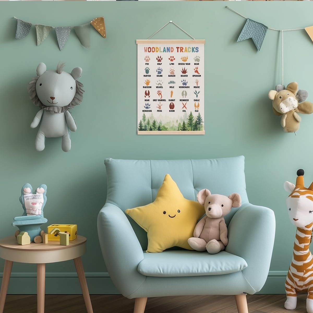 Boho Animal Woodland Tracks Poster Hanger, Forest Jungle Animals Nursery Decor Wall Decor, Paw Print Educational Posters Country Wall Art Wall Hanging Banner Farmhouse Home Playroom Baby Room Decor