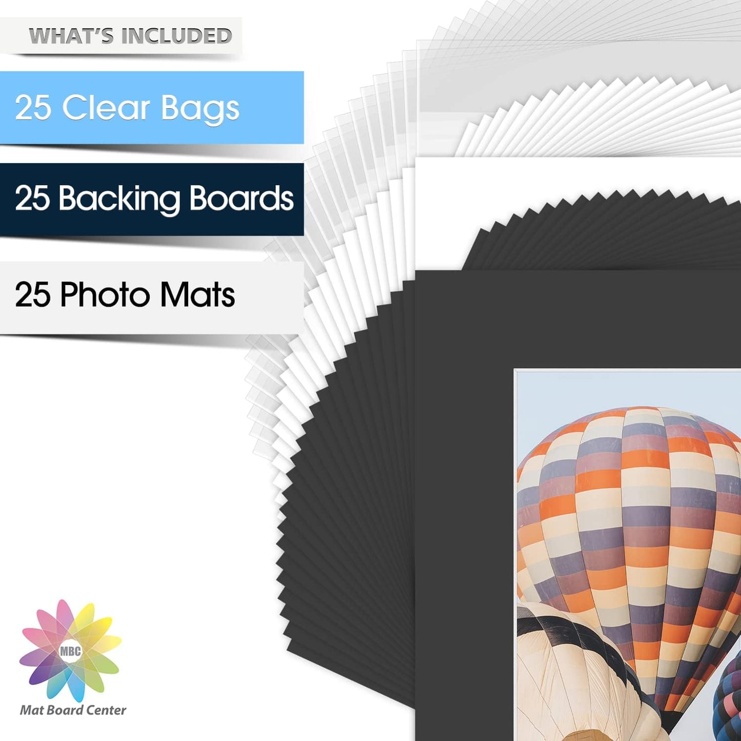 Mat Board Center, Pack of 25, 8x10 for 5x7 Black Picture Mat Sets - Acid Free, 4-ply Thickness, Bevel Pre-Cut White Core - Includes Backing Boards and Clear Bags - for Pictures, Photos, Framing