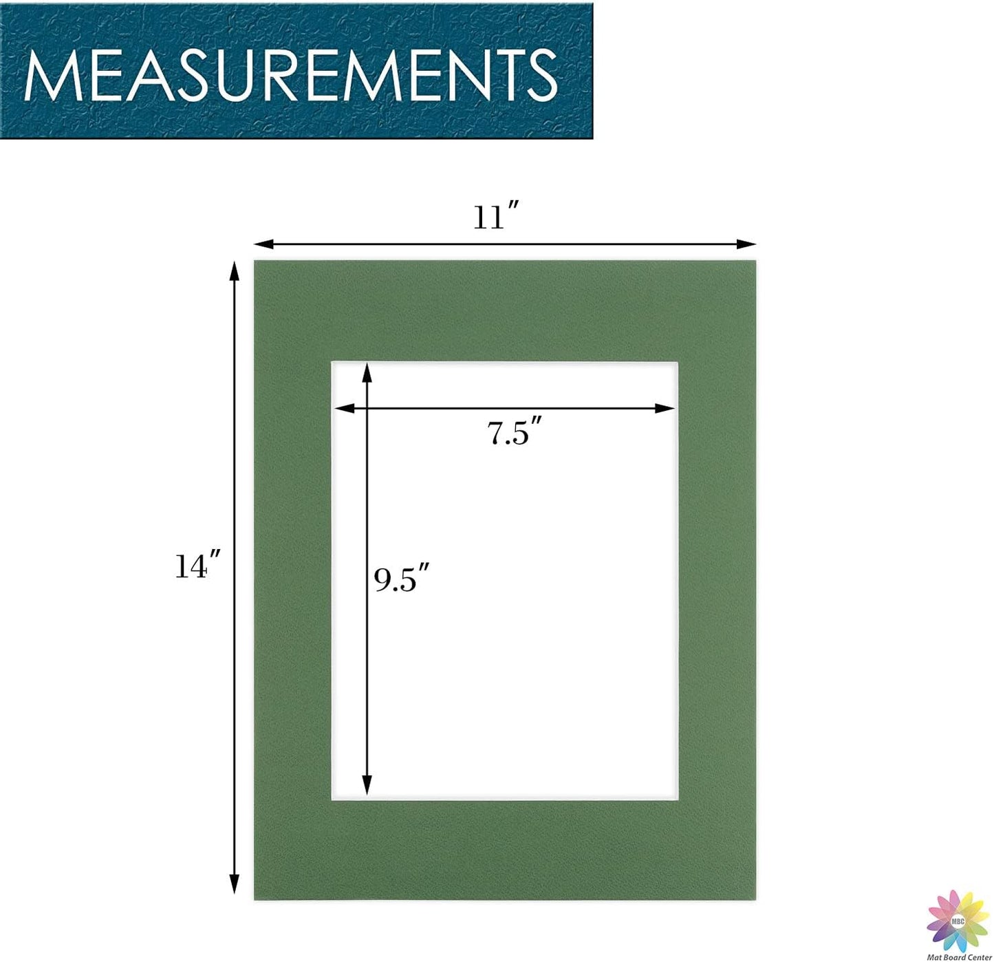 Mat Board Center, Pack of 10, 11x14 for 8x10 Basque Green Color Mats - Bevel Cut, Acid Free, 4-ply Thickness, White Core - for Pictures, Photos, Framing